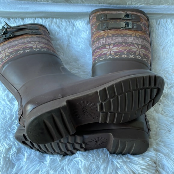 Ugg Sabene Tall Brown Fair Isle Rain Rubber Boots Size 7 - Picture 6 of 8